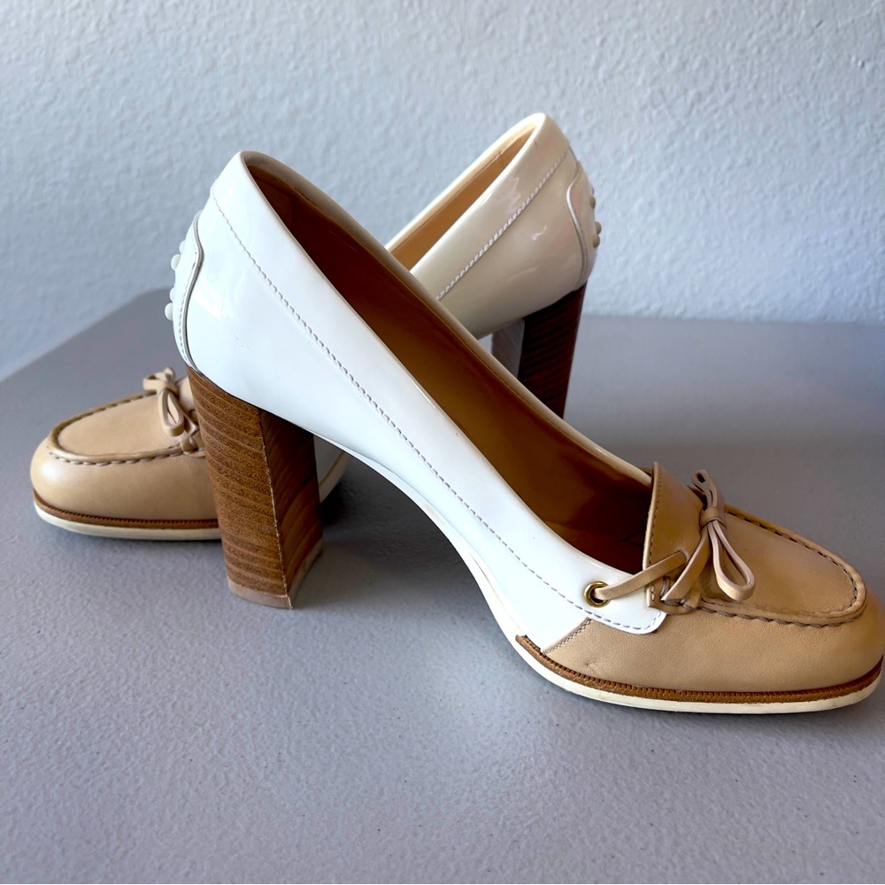 Tod's Two Tone Neutral Patent Leather Bow Loafer High Heel Pumps Size 36.5